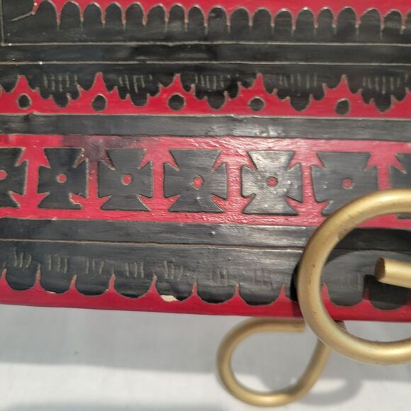 Vintage Olinala Mexican Folk Art Lacquered Wood Hand Painted Tray 16 x 12" Red/B - Picture 5 of 11